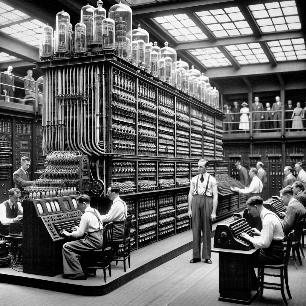 Une image historique montrant l'ordinateur ENIAC dans les années 1940 avec des ingénieurs travaillant dessus.