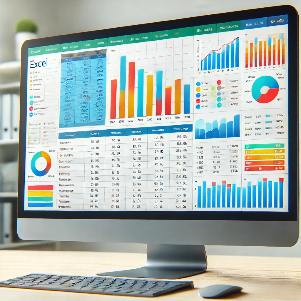 Une image montrant une feuille de calcul Excel moderne sur un écran d'ordinateur avec des graphiques colorés et des tableaux de données.
