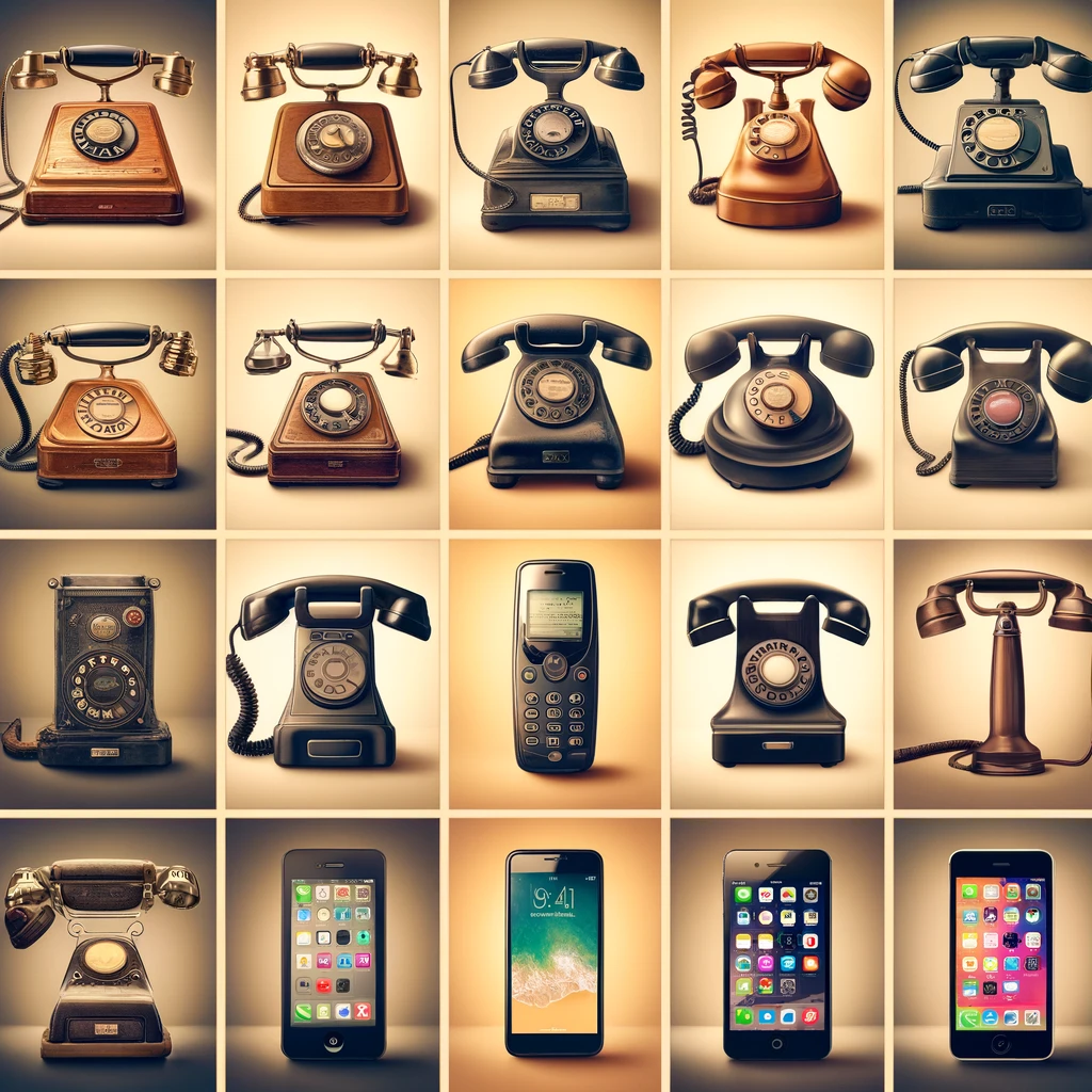 Un collage montrant l'évolution des téléphones, des modèles fixes initiaux aux smartphones modernes, illustrant les progrès technologiques dans les communications téléphoniques.