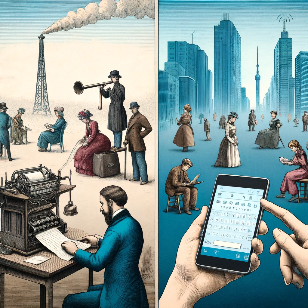 Une comparaison visuelle montrant la communication avant et après l'invention du téléphone, avec des personnes écrivant des lettres et utilisant le télégraphe d'un côté, et des personnes utilisant des smartphones de l'autre côté.
