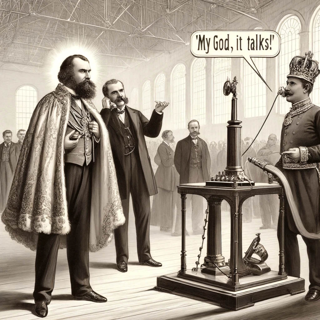Alexander Graham Bell démontrant son téléphone à l'Empereur Dom Pedro II du Brésil à l'Exposition centenniale de 1876, avec l'Empereur exclamant "Mon Dieu, ça parle !" dans un grand hall d'exposition.