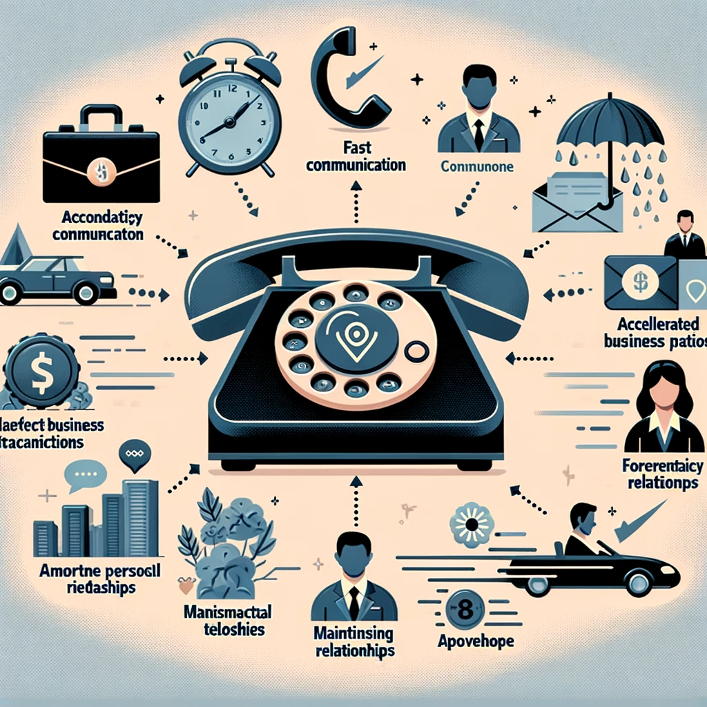 Une infographie montrant les avantages du téléphone pour les entreprises et les particuliers, incluant des icônes pour la communication rapide, les transactions commerciales accélérées, et le maintien des relations personnelles.