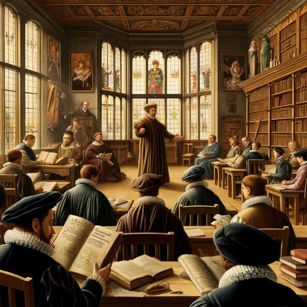 Une salle de classe de la Renaissance avec des étudiants lisant des livres imprimés