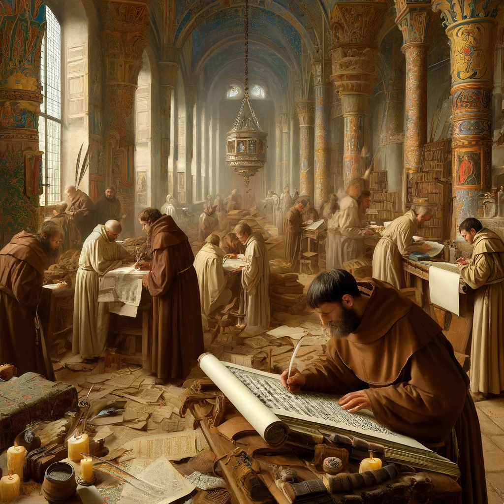 Des moines dans un scriptorium médiéval copiant des manuscrits à la main