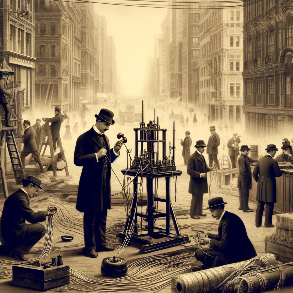 Une illustration de Alexander Graham Bell et de son assistant Thomas Watson lors de la première transmission vocale réussie en 1876, montrant Bell parlant dans un récepteur téléphonique avec Watson écoutant dans une autre pièce.