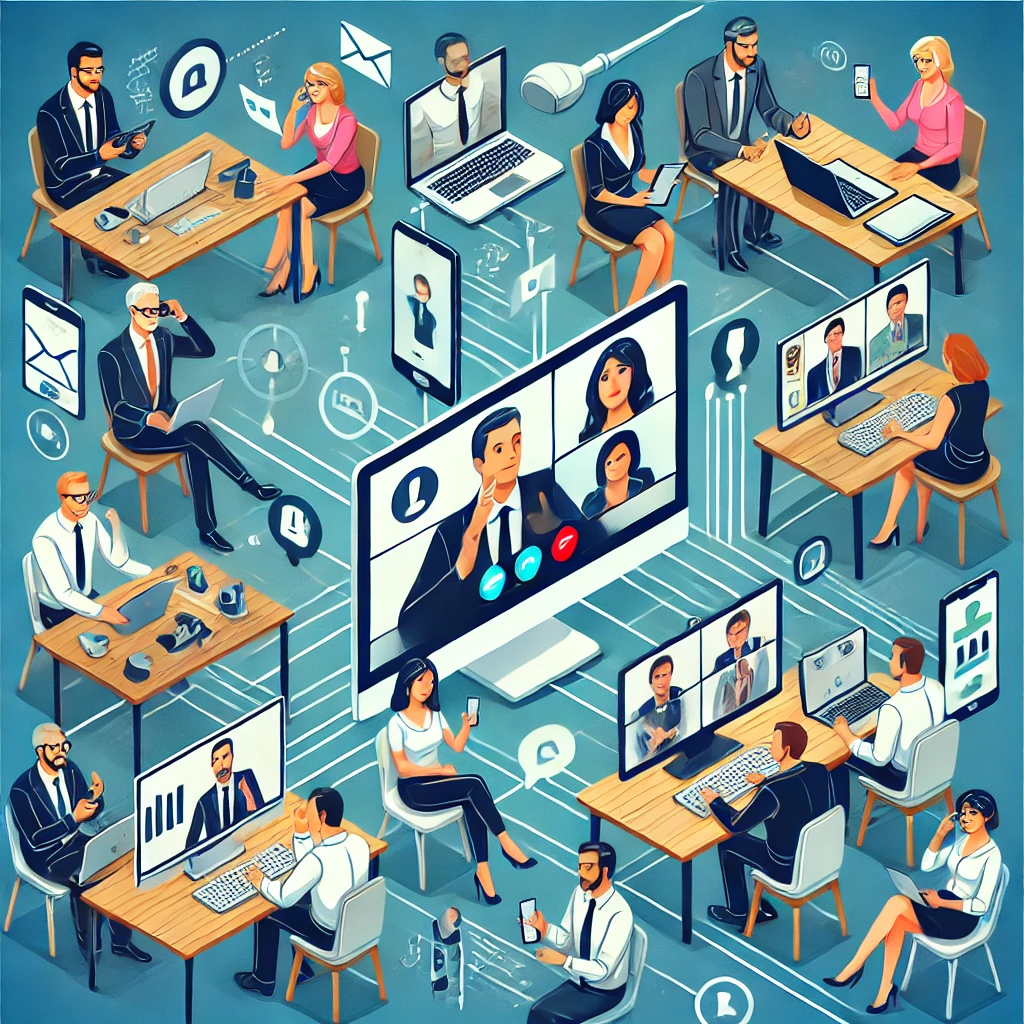 Des personnes utilisant des ordinateurs et des smartphones pour des vidéoconférences.