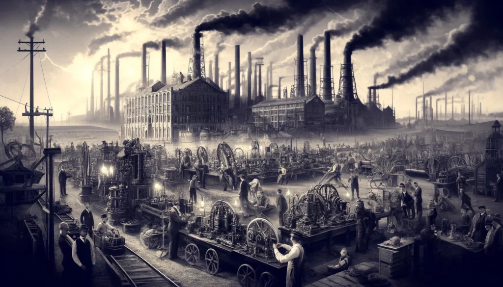  Illustration de l'impact de l'électricité sur l'industrie du début du XXe siècle, avec des usines, des machines électriques, des chaînes de montage et des travailleurs.