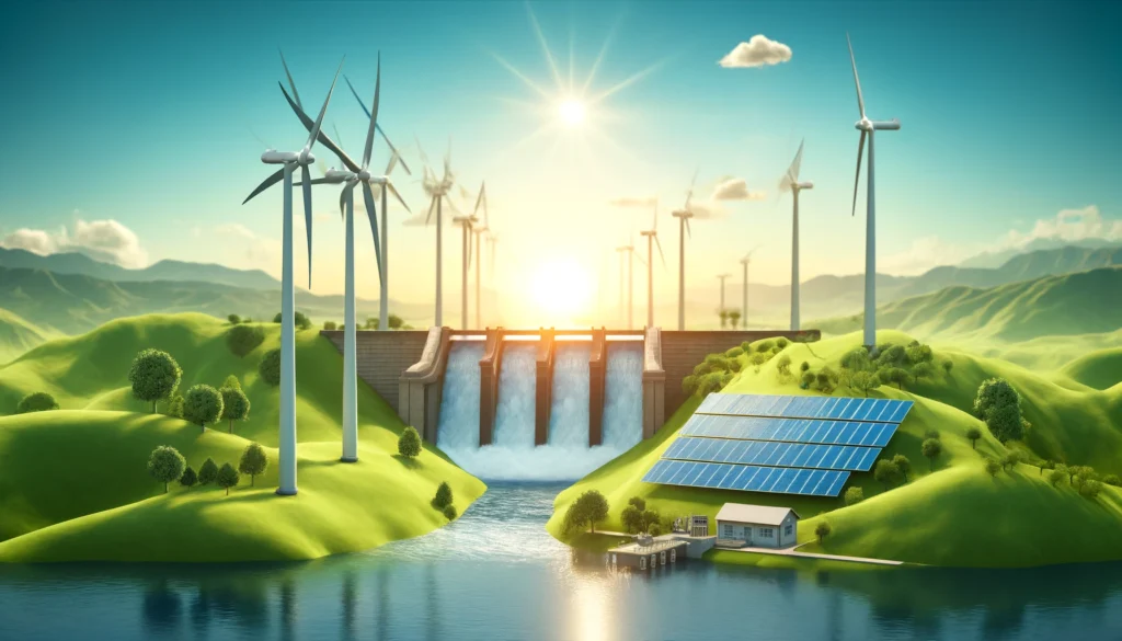 Illustration des énergies renouvelables avec des éoliennes, des panneaux solaires et un barrage hydroélectrique, montrant la production d'électricité durable au XXIe siècle.