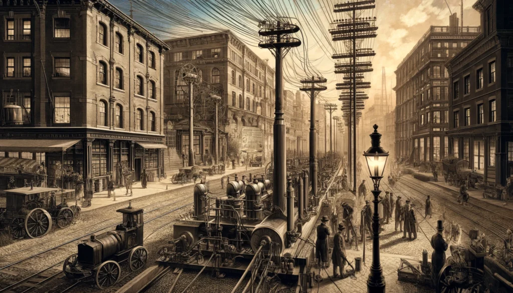Illustration de la Pearl Street Station de Thomas Edison en fonctionnement, avec des câbles, des dynamos et des réverbères, sur fond de paysage urbain du XIXe siècle.