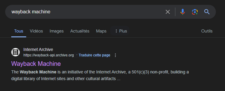 capture d'écran de la recherche pour trouver la machine a remonter le temp