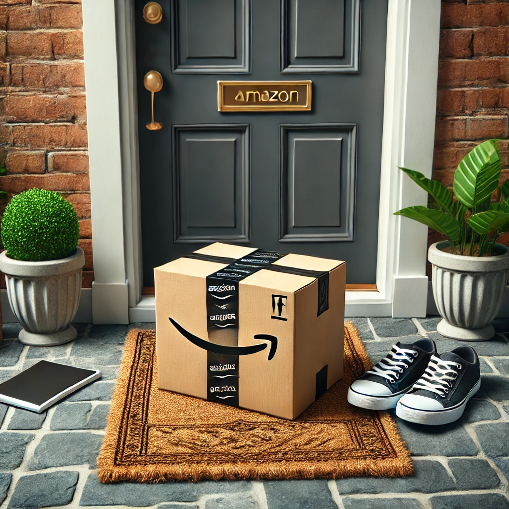 Un colis d'Amazon devant une porte d'entrée.