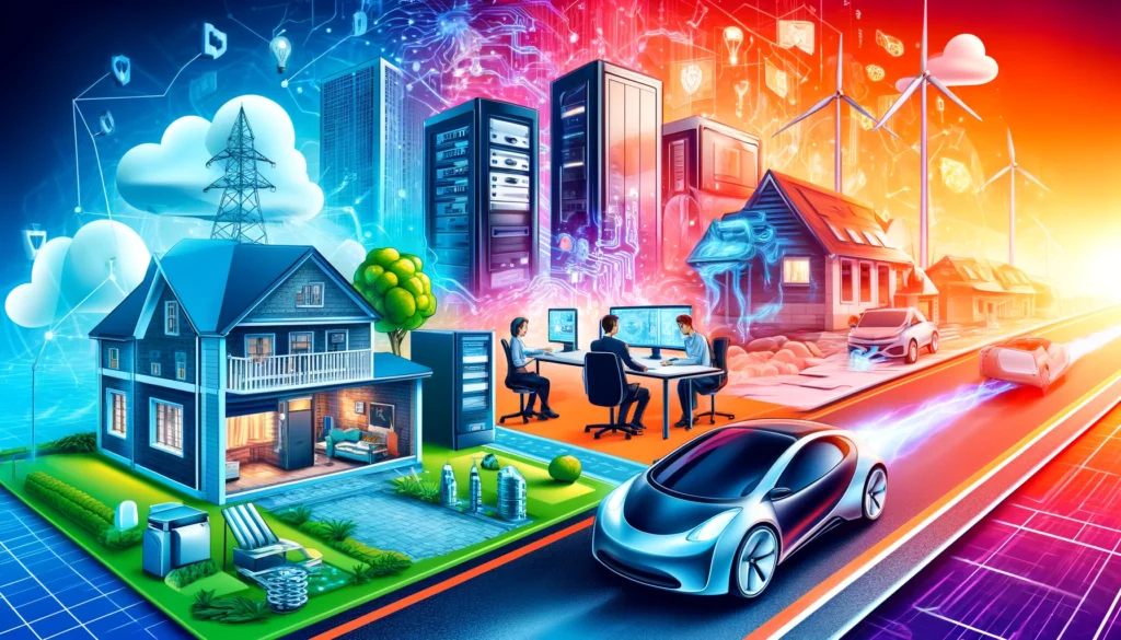 Illustration de la vie quotidienne moderne avec des appareils électriques dans les foyers, des bureaux informatisés et des voitures électriques, montrant l'intégration de l'électricité dans tous les aspects de la vie.